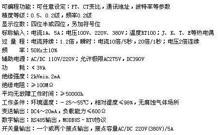 單相智能數顯多功能表技術參數